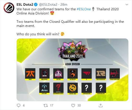 ESL One泰国站亚洲区名单出炉：SAG、RNG大战FNC，TNC