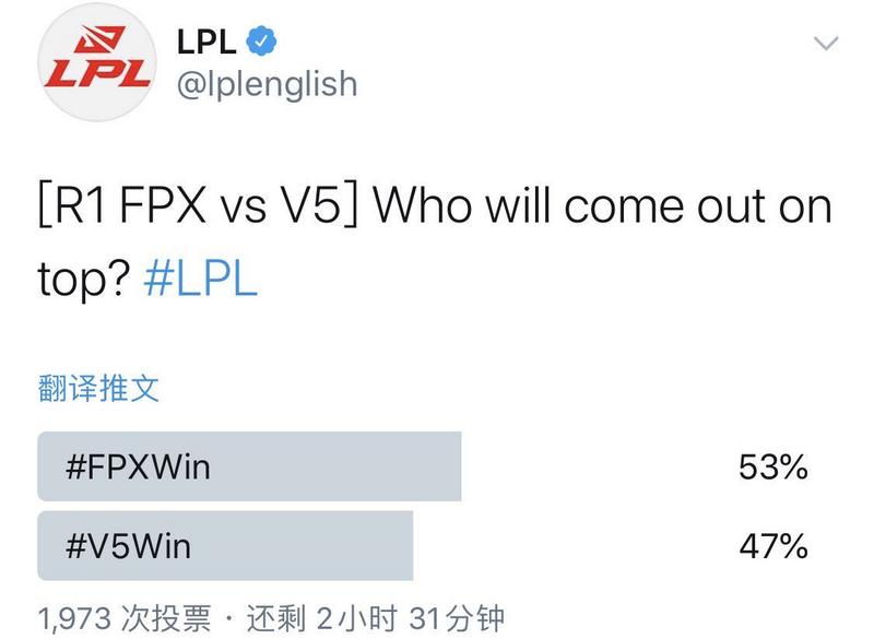 观众看LPL季后赛首场胜负 V5和FPX近乎持平