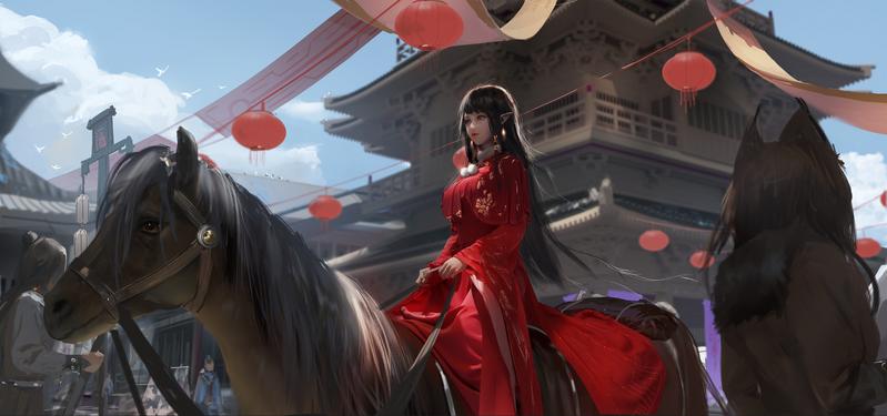 骑马的红衣女子