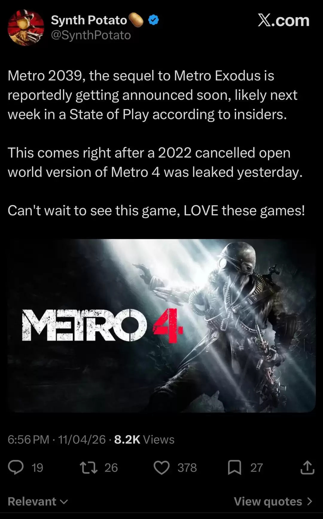 被取消的《地铁4》早期版本泄露 完全开放世界设计