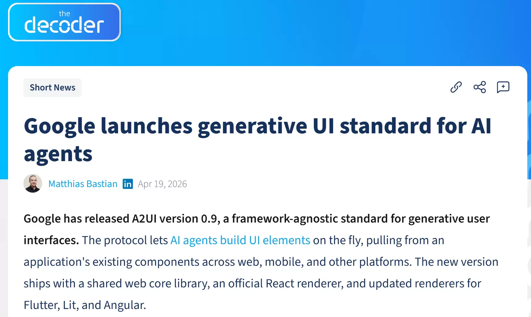 谷歌发布A2UI 0.9 为AI智能体订立生成式UI设计标准