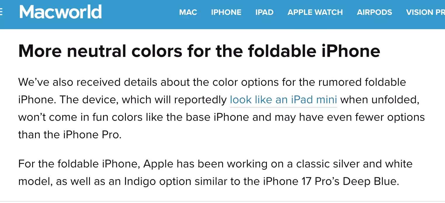苹果首款折叠屏iPhone Fold配色细节曝光：深靛蓝色成亮点
