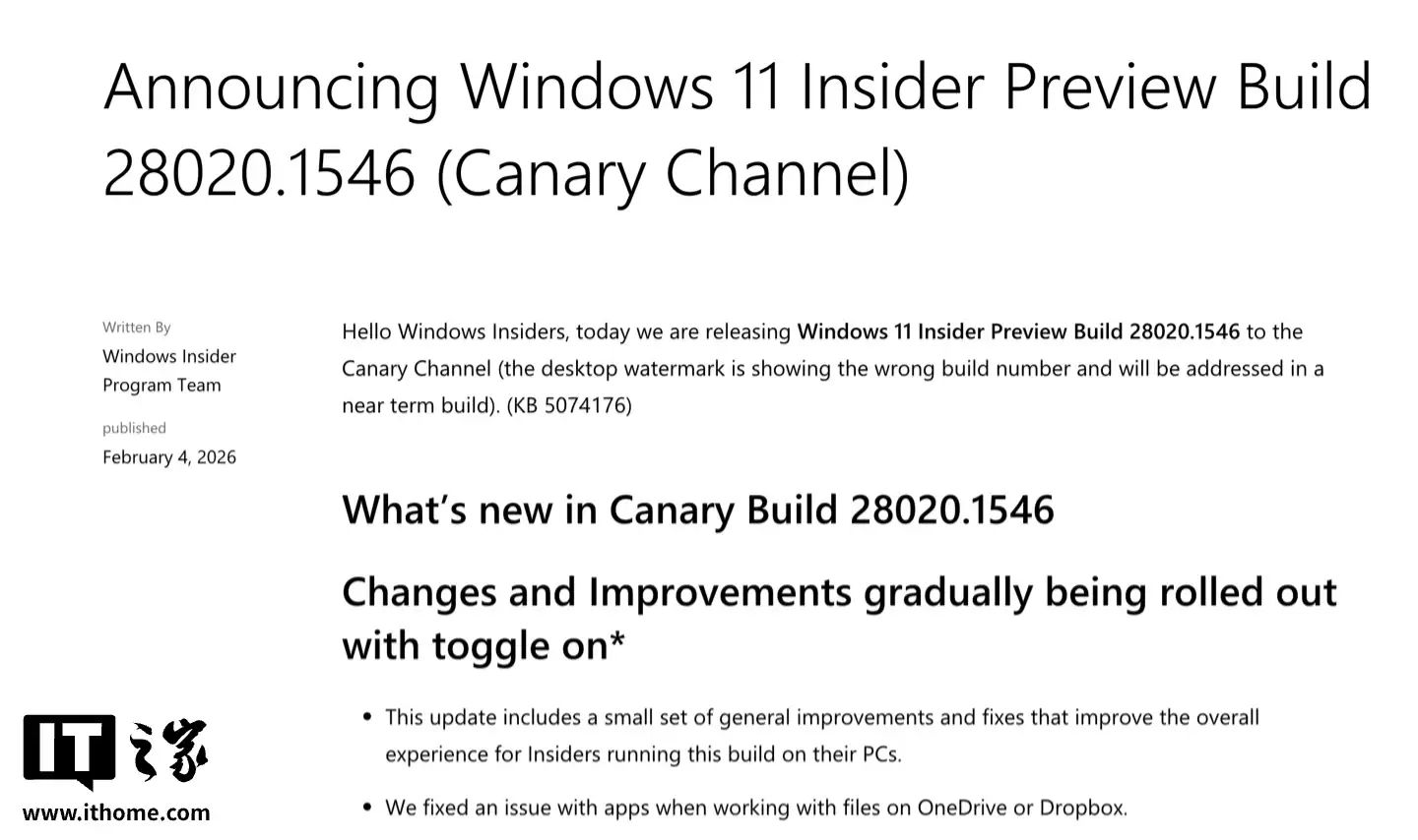 微软推送 Win11 Canary 28020.1546 预览版：修复应用处理 OneDrive / Dropbox 文件时可能出现的问题