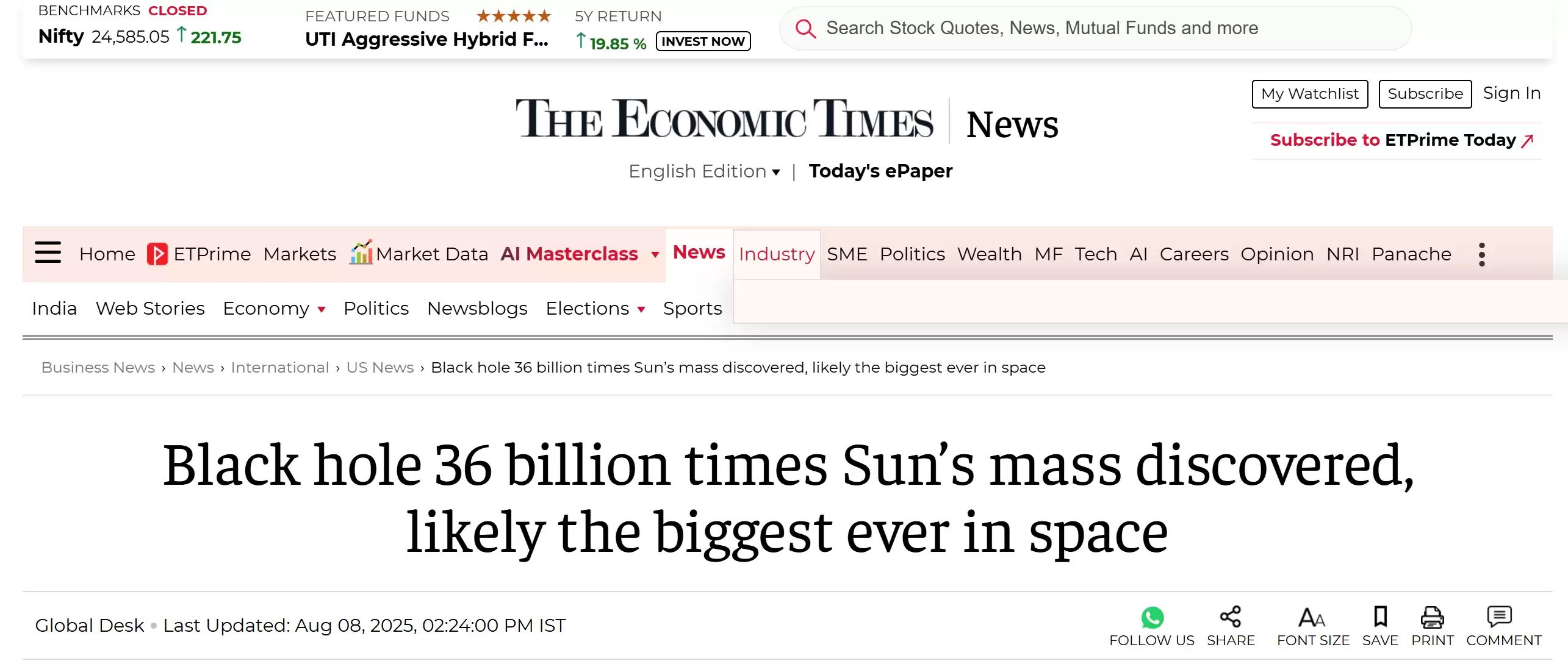 人类发现已知最大黑洞，质量达到太阳363亿倍！