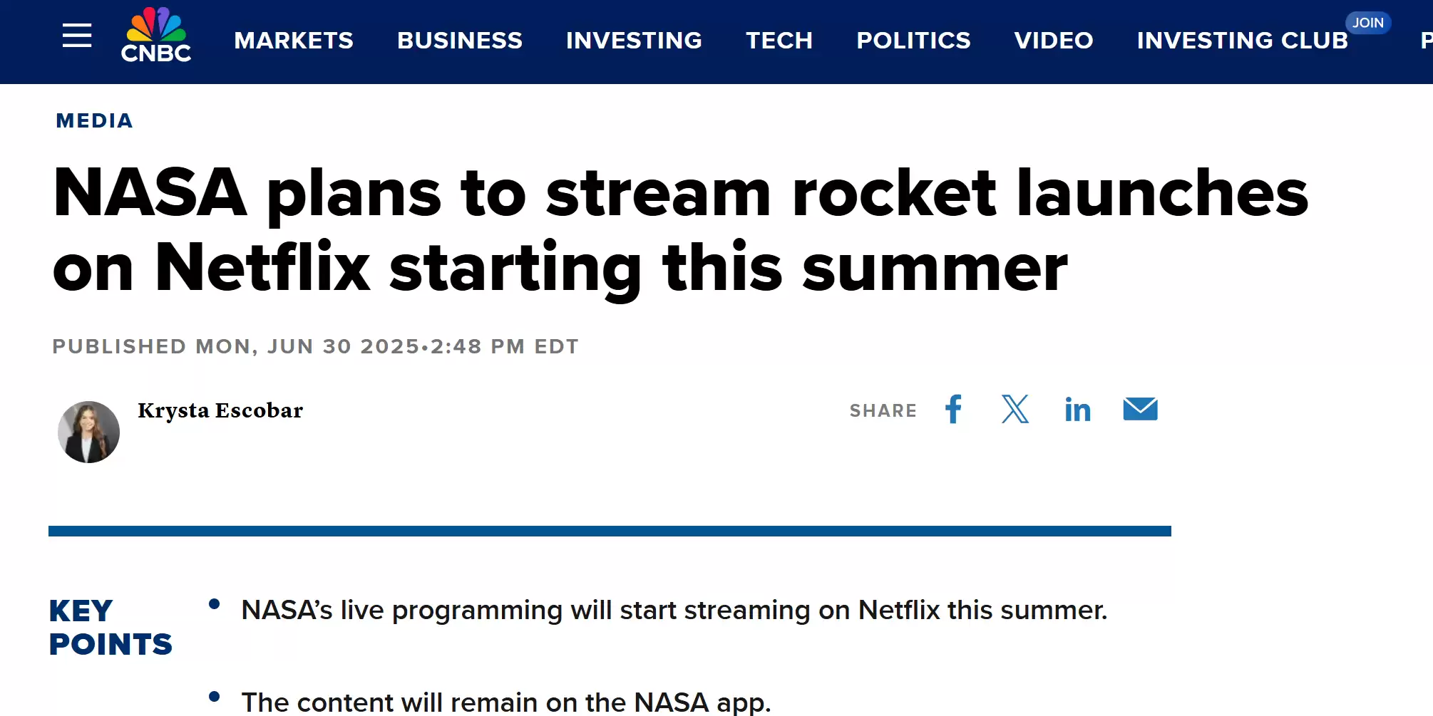 NASA与网飞达成合作，将免费直播火箭发射及国际空间站实景