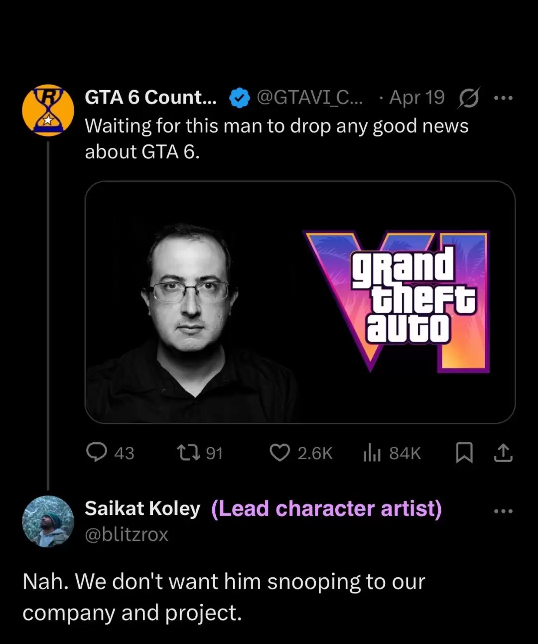 《GTA6》开发者怒怼记者后秒删账号 截图仍在疯传