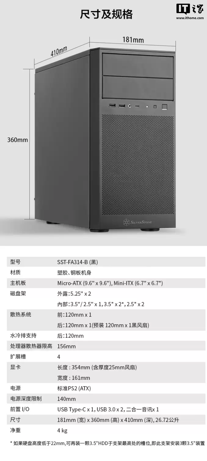 银欣法拉 FARA 314 MATX 小机箱上市：自带 2 个 5.25 英寸光驱位，299 元