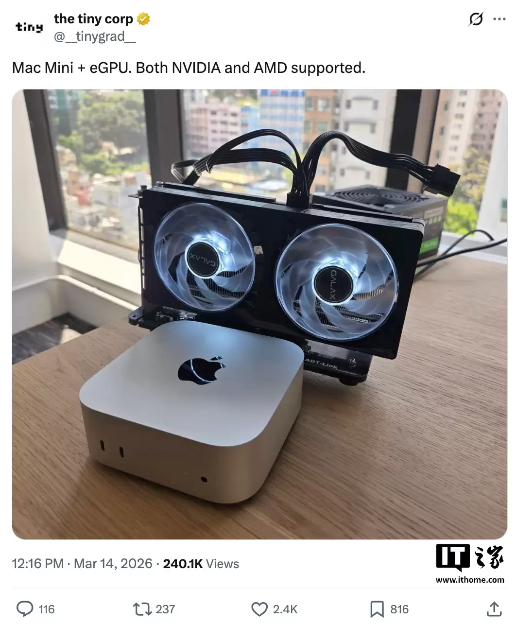 制造商 TinyCorp 为 Apple 芯片 Mac 打造 eGPU 扩展板，可连接 RTX5060 显卡用于 AI 大模型推理任务