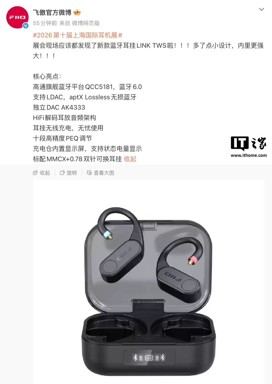 飞傲 LINK TWS 蓝牙耳挂现身：高通 QCC5181 平台，标配 MMCX+0.78 双针接口